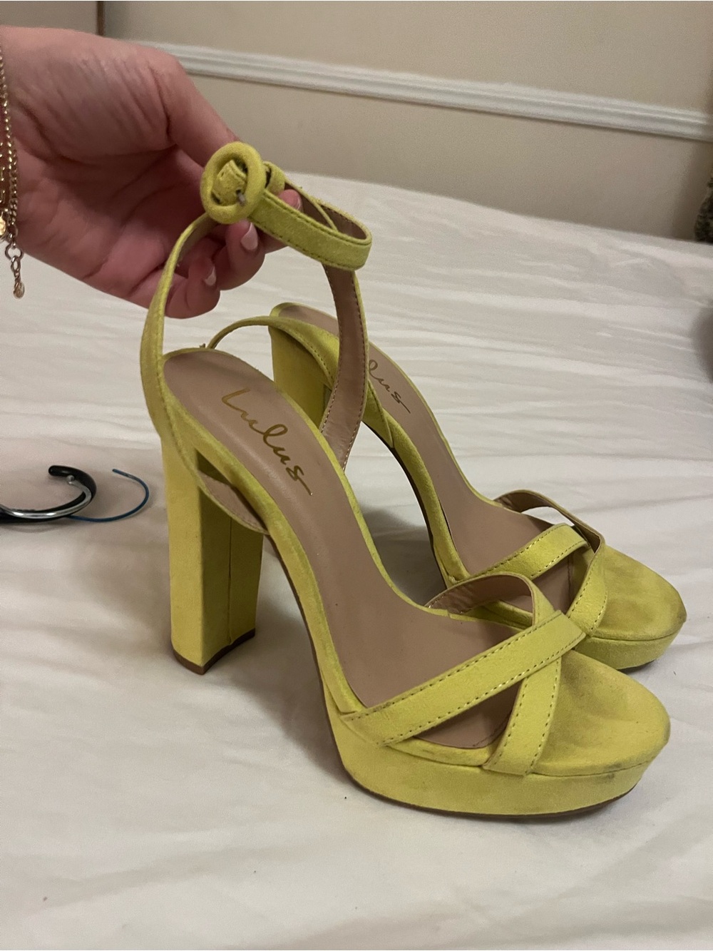 Lulu's Lemon Yellow Suede Platform Ankle-Strap Heels